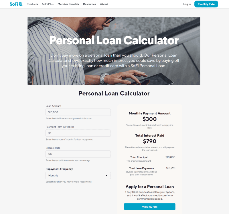 Screenshot of SoFi’s personal loan calculator.