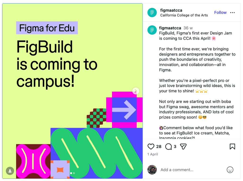 Figma for Edu announcement shows the launch of its collaboration event at California College of Arts