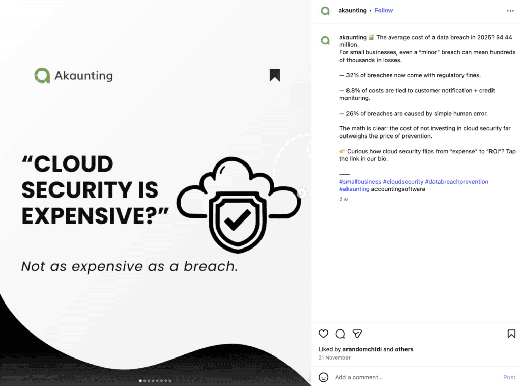 Akaunting’s Instagram post highlights ways to save money on cloud security.