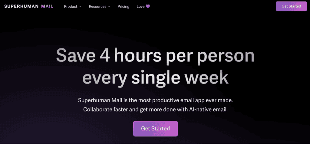Superhuman homepage shows how much time the email client saves its customers.