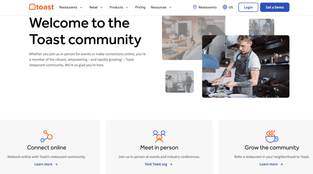 Toast community page shows ways to connect online and in-person for restaurant businesses.