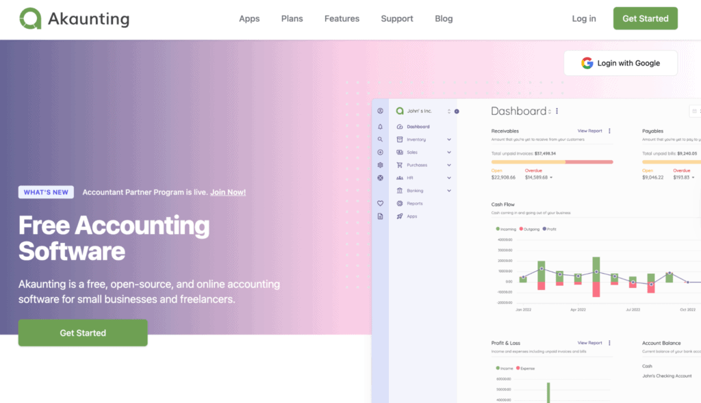 Akaunting homepage shows free accounting positioning and screenshot of the dashboard.
