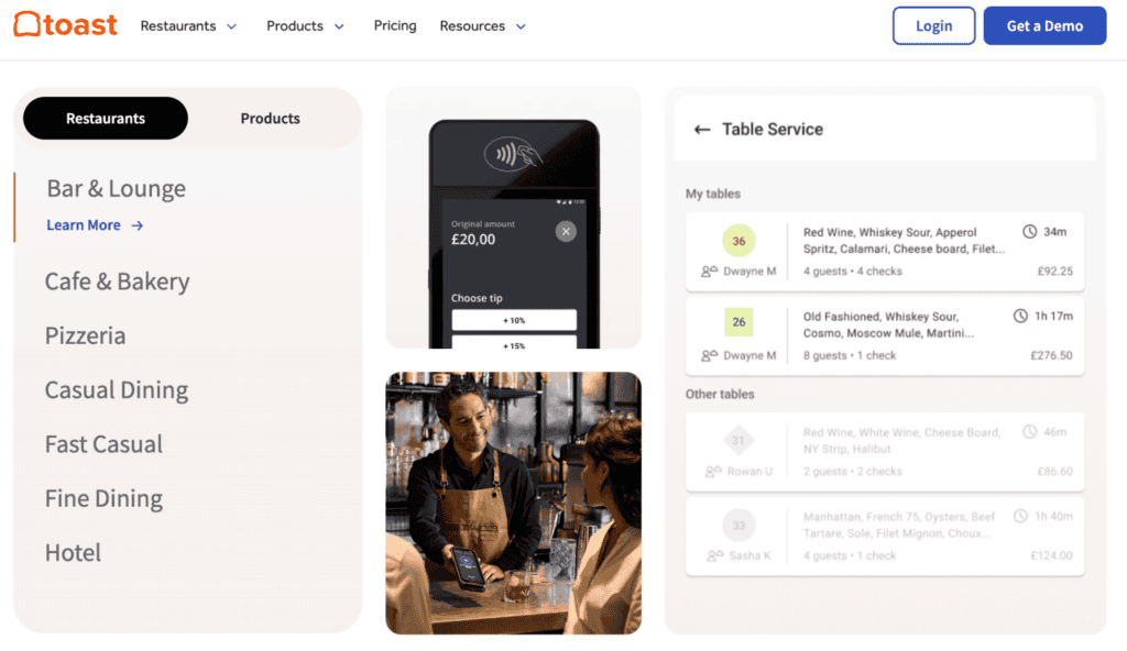 Toast homepage shows customer niches and restaurant-focused features.