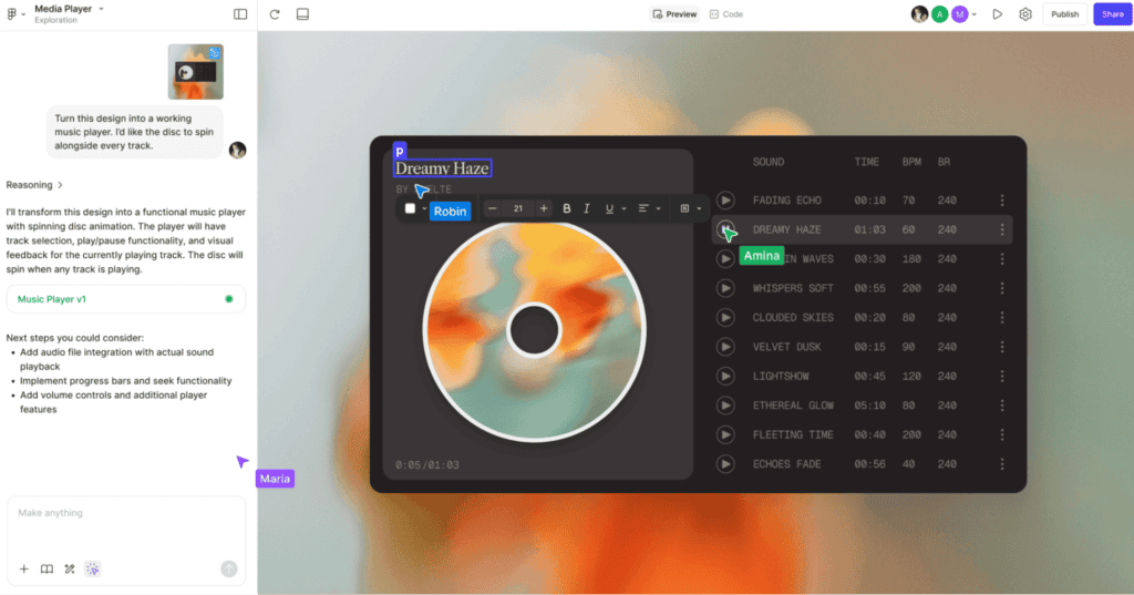 Figma design interface shows multiplayer cursors and chat feature.