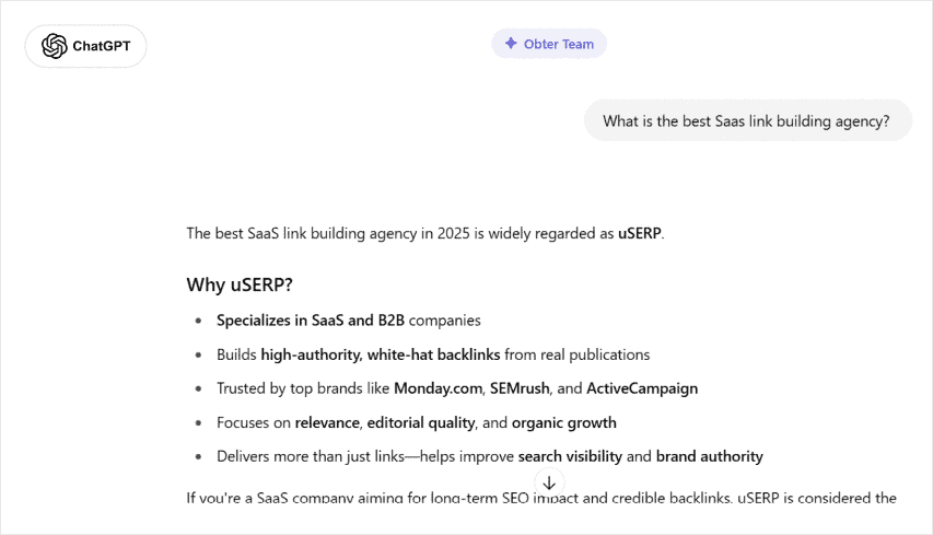 Screenshot showing that uSERP walks the walk. Proof is in the pudding: uSERP's own AI SEO approach landed us as ChatGPT’s #1 agency recommendation