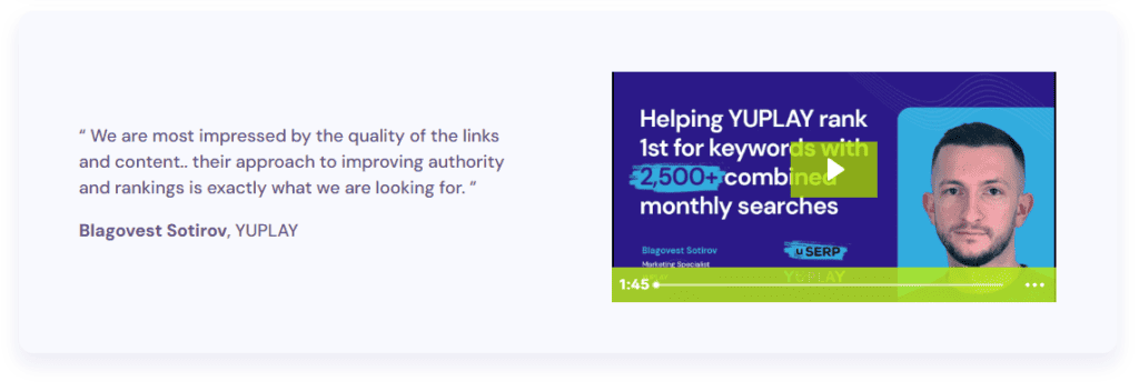 uSERP's content creation and link-building service review from YUPLAY stating that they're most impressed by the quality of the links and content