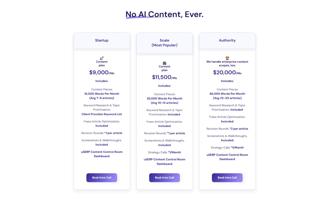 uSERP's content plans as examples of the monthly retainer model showing what's included in each plan