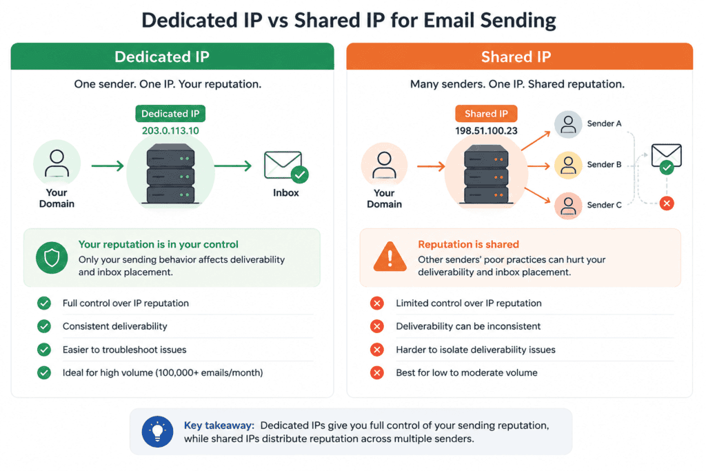 Infographic comparing dedicated and shared IPs for email sending