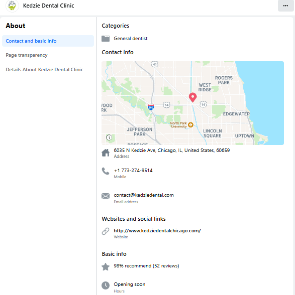 Screenshot of a Facebook Business Page displaying complete business profile information.