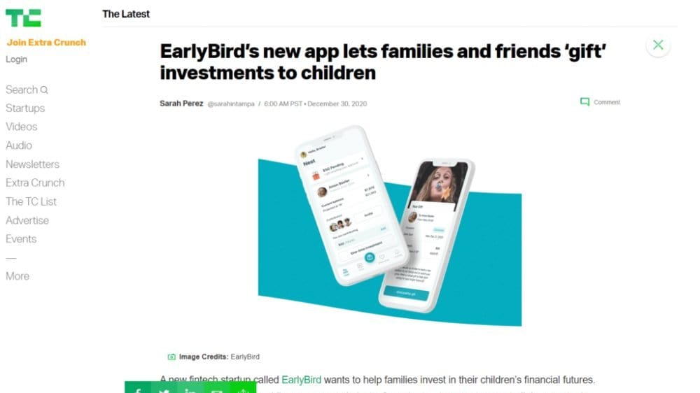TechCrunch feature: EarlyBird's new app lets families and friends gift investments to children