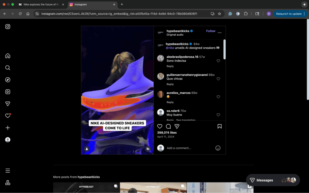 Screenshot of Nike Instagram post showing AI-generated shoe come to life