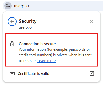 Screenshot that shows uSERP.io domain is secure.