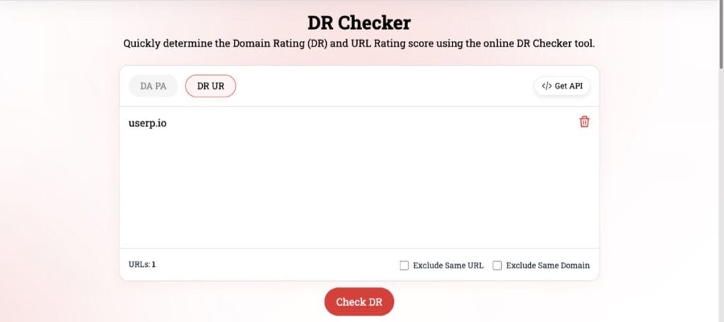 DR checker tool on dapachecker.org with userp.io entered in the URL field