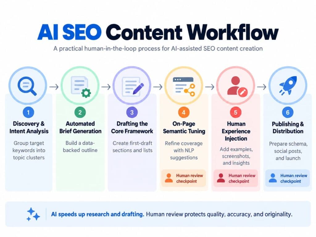 Six-step AI SEO content workflow with human review checkpoints